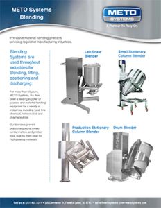 Blending Systems, lab scale blender, small stationary blender, production stationary column blender, drum blender, METO Systems, metolift